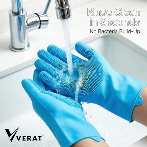 Image of Kitchen Dishwashing Gloves for Washing Dishes - Reusable Rubber /Silicone Cleaning Gloves for Kitchen, Bathroom & Car Cleaning - Waterproof Household Hand Gloves for Women, Home Essentials (Blue)