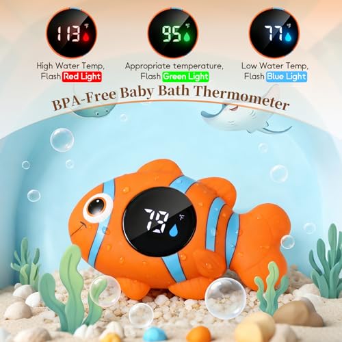 Image of Baby Bath Thermometer, with LED Display and Temperature Warning,Kids' Bathroom Safety Products, Newborn Bath Safety Toy Thermometer (Clownfish)