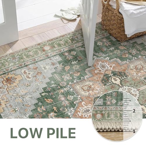 GENIMO 2x5 Runner Rugs for Hallway, Machine Washable Non Slip Vintage Rugs, Low Pile Lightweight Soft Print Rug for enrtyway, Corridor, Home Office, Kitchen, Sage Green