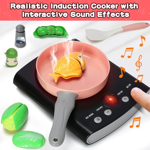 168Pcs Kids Play Kitchen Accessories Toy Set, Pretend Cooking Food Playset with Induction Cooktop, Pot, Pan, Utensils, Cutting Fruit, Prop Money & Shopping Basket, Learning Gifts for Toddler Girl Boy - Thumbnail 3