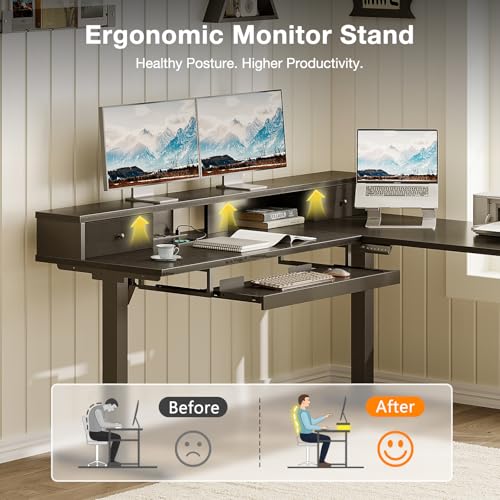 Image of Casaottima 59 Inch Electric L-Shaped Standing Desk with Drawers, Height Adjustable Stand Up Corner Desk with Monitor Stand & Keyboard Tray, Lift Table for Home Office, Workstation, Black