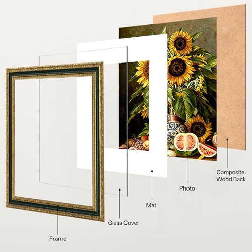 Image of eletecpro 8x10 Vintage Picture Frame, Glass Cover, Green Gold, 2-Pack | Display Photo 5x7 with Mat or 8x10 without, Horizontal or Vertical, Tabletop or Wall Decor