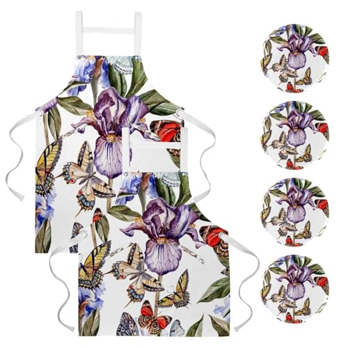 Tablier de cuisine lot de 2 imprimé iris avec 4 broches