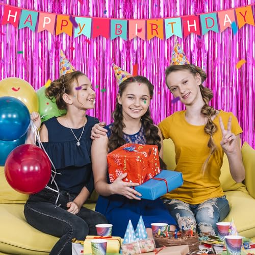 Image of Crosize 3 Pack 3.3 x 9.9 ft Hot Pink Foil Fringe Backdrop Curtains, Streamer Backdrop Curtains, Streamers Birthday Party Decorations, Tinsel Curtains for Parties, Photo Booth Backdrops