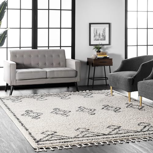 nuLOOM Mackie Geometric 8x10 Shag Area Rug for Living Room Bedroom Dining Room Nursery, Off White/Charcoal