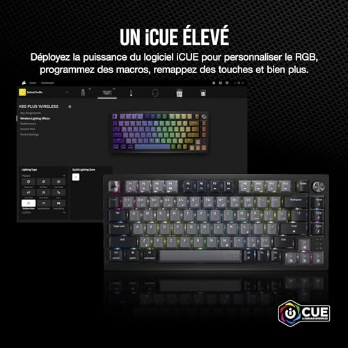 Corsair K65 Plus Wireless 75% RGB Mechanical Gaming Clavier – Commutateurs Linéaires MLX Red Pré-Lubrifiés – Keycaps PBT Dye-Sub – Compatible iCUE – PC, PS5, PS4, Xbox – AZERTY FR – Noir/Gris