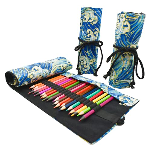 Maydahui 24/48/72 Slots Colored Pencil Roll Wraps Canvas Pencils Roll Holder Pencil Pouch Aesthetic Case Organizer Bag for Art Lovers Artist Drawing(Blue Ocean,48 Slots)