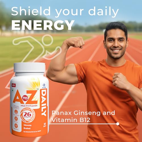 Image of A to Z Daily Multivitamin for Men & Women | 26 Essentials Vitamins & Minerals with Ashwagandha, Brahmi, Ginseng & L-Theanine | Energy, Immunity & Stress Support | 30 Veg Tablets