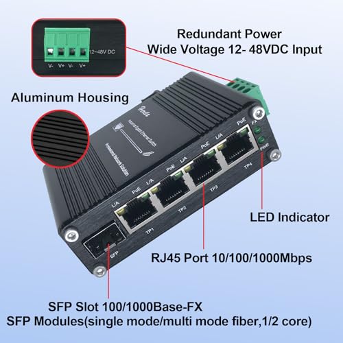 Image of Industrial 5-Port Gigabit PoE Switch, Hardened Gigabit Ethernet Switch with 1 Combo SFP Slot & 4 PoE+ Ports @120W | Plug & Play | Supports 12-48V DC Input, DIN-Rail / Wall Mount