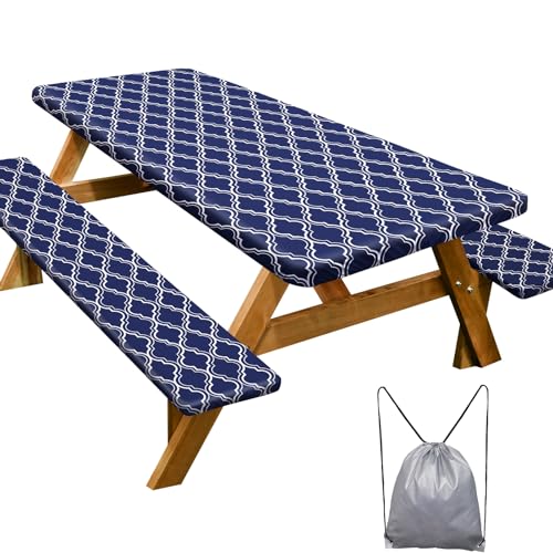 Image of Picnic Table Cover with Bench Covers 6FT 3 Pcs Waterproof Windproof Aesthetic Camping Tablecloth with Drawstring Bag, Fitted for 6 Foot Rectangle Tables and Seats, 72 inch, Navy Blue Morocco