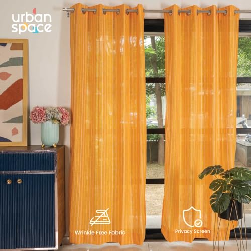 Image of Urban Space Aari Collection Weaved Sheer Curtains for Door 7 Ft Long, 40-50% Light Filtering Textured Curtains with Eyelets and Tieback, Set of 2 Decorative Curtains (Vertical Yellow, 7 Feet)