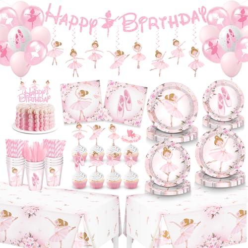 Hand-Drawn Ballet Birthday Decorations for Girls Pink Party Supplies Set