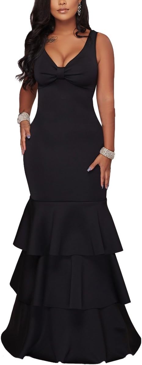 Women Sexy Evening Gown V-Neck Elegant Ruffle Sleeveless Cocktail Maxi Bodycon Dress Party Black