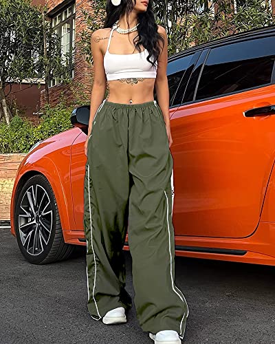 Laoara Women Y2K Baggy Track Pants Elastic Waist Wide Leg Parachute Pants Jogger Sweatpants Pants Green S #TOP2