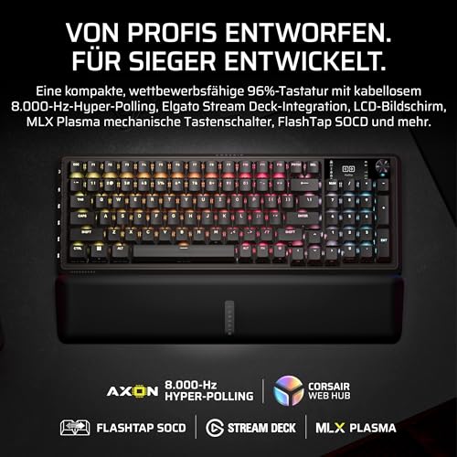 Corsair Vanguard 96 Wireless Mechanische RGB Gaming Tastatur – Schwarz | QWERTZ Deutsch, 96% Layout, Hot-Swap MLX Switches, 8000Hz Hyper-Polling, Stream Deck Integration, FlashTap SOCD