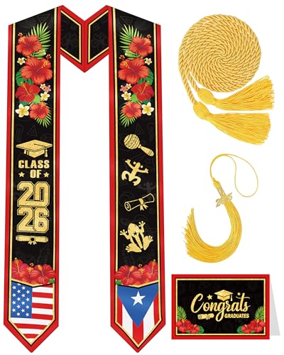 Puerto Rico Graduation Stole Set 2026 Puerto Rican Graduation Sash with Cord Tassel Card for Class of 2026 Cultural Stoles for High School College Ceremony Party Gifts for Grads Adults Unisex