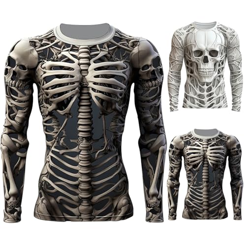 Mens Skeleton Shirt Long Sleeve Funny Skull Rib Cage 3D Print T Shirts Trendy Crew Neck Tshirt Holiday Party Outfits3