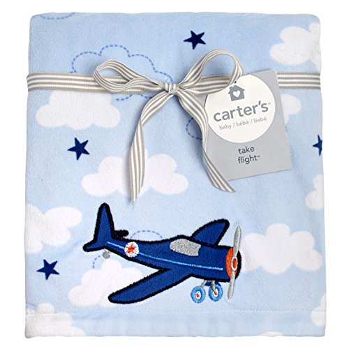 Carter's Take Flight Airplane/Cloud Super Soft Appliqued Baby Blanket, Blue, Navy