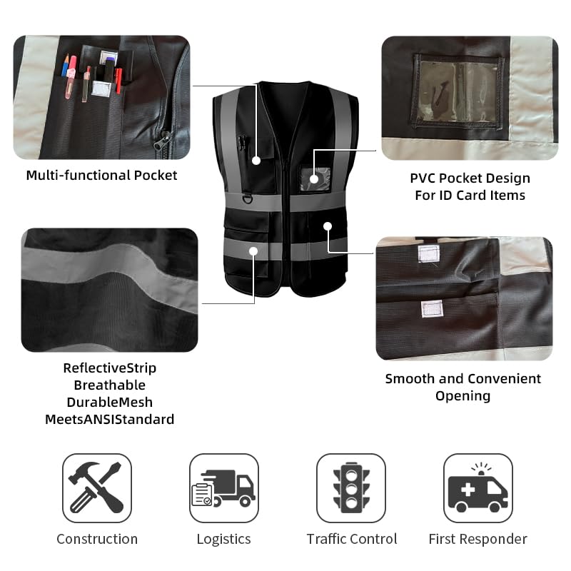 Image of High Visibility Safety Vest with Reflective Strips & Pockets | High Visibility | 360 Reflective Strips | 5 Pockets | Zipper Front | Lightweight Polyester | ANSI /ISEA 107 Class 2 Type R
