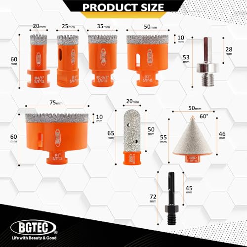 Image of BGTEC Diamond Core Drill Bits-9PCS 5 /8-11 Thread Tile Hole Saw 20 /25 /35 /50 /75mm+50mm Beveling Chamfer Bit+20mm Finger Bit+SDS /HEX Adapter for Pocelian Tile Ceramic Marble Granite Stoneware