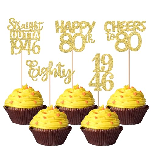 30PCS Happy 80th Birthday Cupcake Toppers Gold Glitter Eighty Straight Outta 1946 Cupcake Picks 80 Fabulous Cake Decorations for 80th Birthday Anniversary Party Decoration Supplies