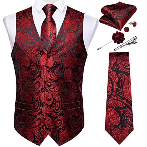 Image of DiBanGu Mens Vest and Tie Set Formal Paisley Waistcoat and Necktie Pocket Square Cufflinks Silk Suit Vest for Tuxedo Wedding
