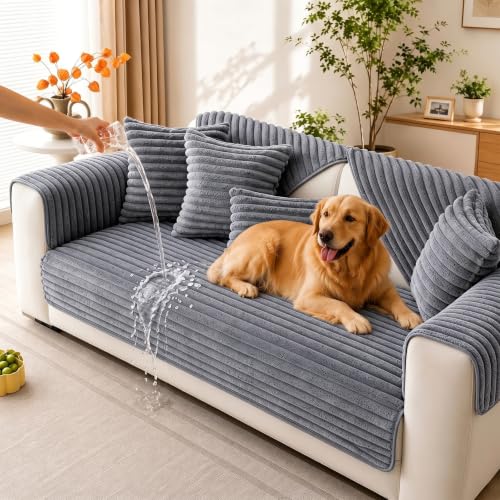 KELUINA Waterproof Couch Covers for Pets, Faux Fur Pet Couch Covers for Dogs, Pet Friendly 3 Seat Sofa Cover, Non Slip Washable Furniture Protector for Living Room(Light Gray, 35.43"x 62.99" 1 Pack) - image 1