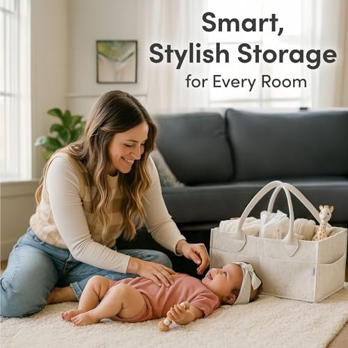 Image of PUTSKA Baby Diaper Caddy Organizer - Nursery Storage Basket for Diaper Station, Baby Basket Shower List and Registry Gift Must-Haves, Newborn Essentials, Nursery Decor for Boy or Girl - White, Regular