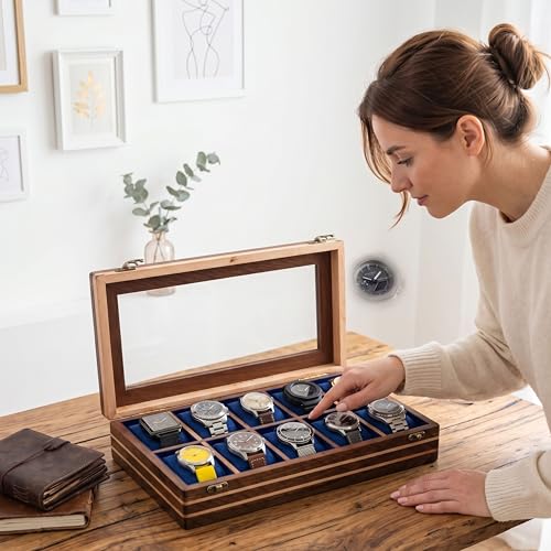 Image of Mens watch box, Watch display case, Indian Rosewood watch box organizer for men, Velvet lining glass lid, Solid Gift for Him, Made for Special Occasions (Dark brown - 10 room - 2)