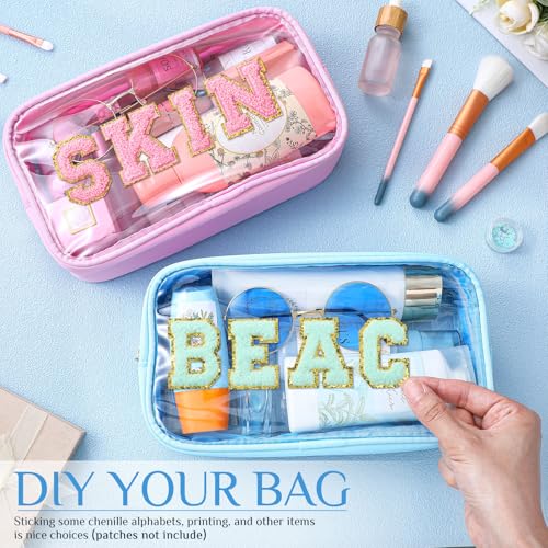 Cunno 12 Pcs Preppy Clear Cosmetic Bags Bulk Appreciation Gifts DIY Chenille Letter Makeup Pouch Transparent Beach Zipper Pouches PVC Travel Toiletry Organizer for Women3
