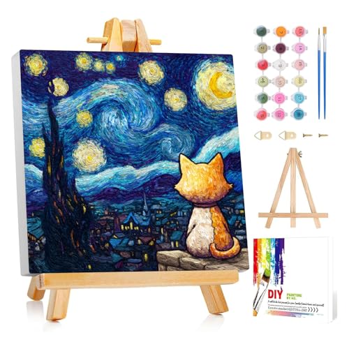 Framed Paint by Numbers Kit for Adults Beginner & Kids Ages 8-12 Starry Night Adult Paint by Number Kits on Canvas with Easel Cat Painting by Numbers for Adults with Frame DIY Painting Kits 8x8 Inch by Banket - Used condition - US$15.28