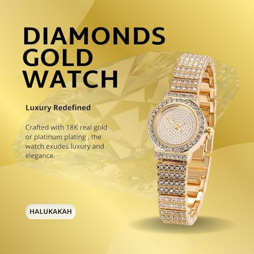 Image of Halukakah Kids' Diamond Watch Sparkling Starry: 18k Real Gold /Platinum Plated,Elegant & Casual Round Dial,Full of Diamonds,Stainless Steel Band Quartz Watch,Present for Boys and Girls