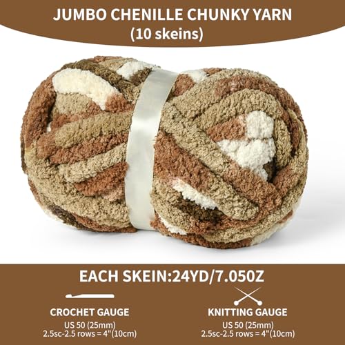 Image of 10 Pack Jumbo Chunky Yarn for Hand Knitting, Fluffy Variegated Chunky Chenille Yarn for Crocheting, 240yds /70.5oz Super Bulky Soft Crochet Baby Blanket Yarn(Cappuccino)