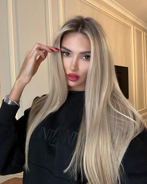 EALGA Peluca de encaje frontal de cabello sintético con cabello de bebé, peluca de encaje de cabello sintético con reflejos de 22 pulgadas, peluca