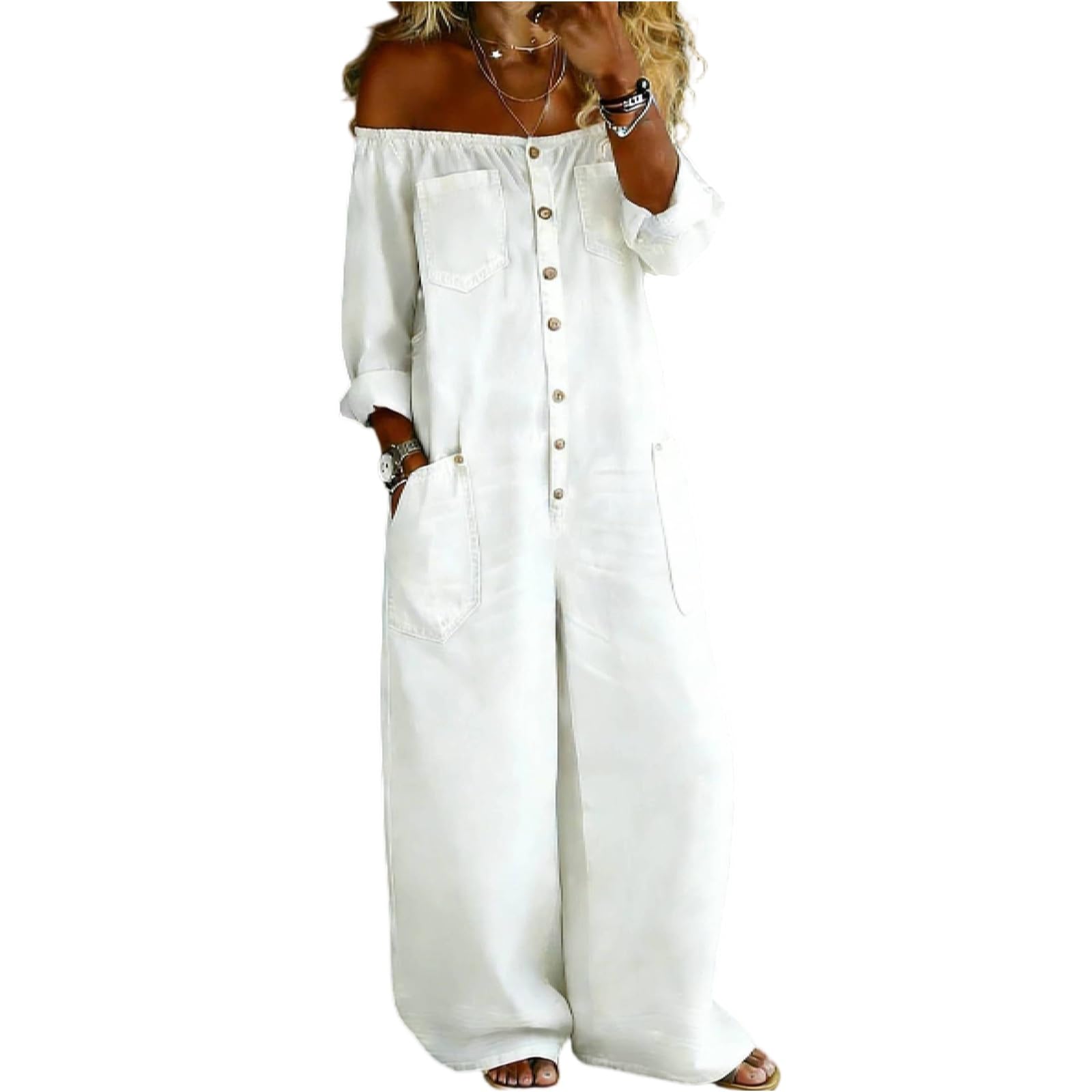 Ansenesna Jumpsuit Damen Sommer Elegant Lang Jeans Overall Weites Bein Oversize Jumpsuits Für Damen Schulterfrei Einteiler Frauen Baggy Casual Romper Mit Ärmel Weit Playsuit Off Shoulder Onesie