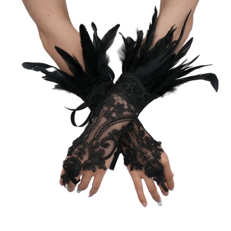 Cerioll Feder Spitze Fingerlose Lange Handschuhe, Spitzenhandschuhe Federn, 1 Paar Damen Schwarz Feder Handschuhe, Fingerlose Hexenhandschuhe Ärmel...