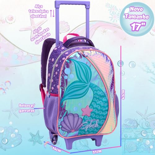 Kit Mochila De Rodinha Infantil Escolar Feminina Lacheira Térmica Estojo Duplo Sereia Menina