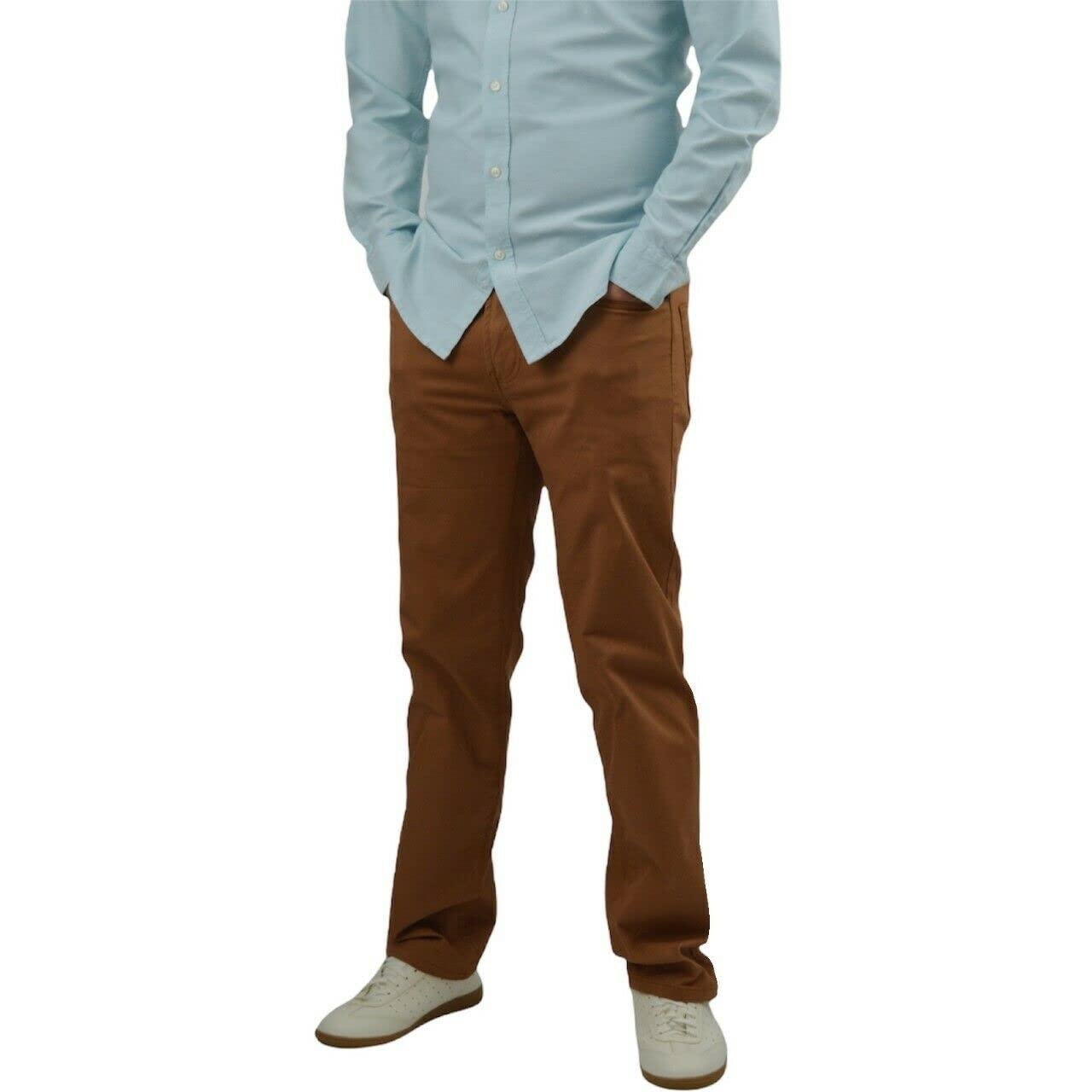 Popoqo Men's Toffee Brown Chino Trousers Slim Fit Stretch Casual Jeans Cotton Pant, 36W / 32L