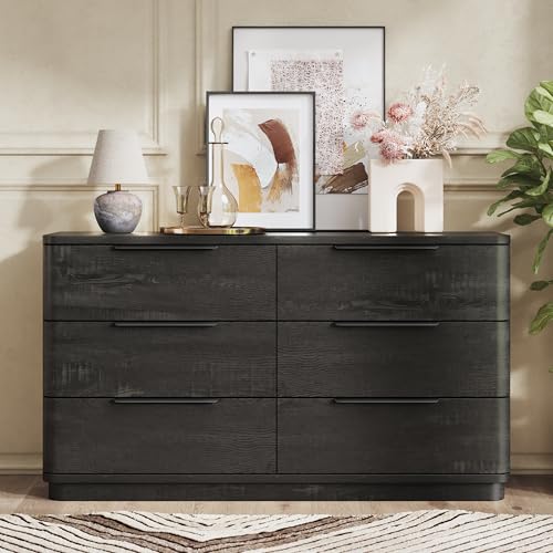 Image of 6 Drawer Dresser for Bedroom, 54 inch Wide Modern Chest of Drawers with Metal Handle, Curved Profile Design, Wooden Black Dresser Closet Clothes Storage TV Stand for Living Room, Hallway