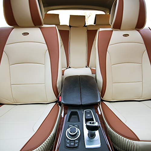 TLH Ultra Comfort Leatherette Seat Cushions Full Set, Beige Tan Color w/ Non Slip Dash Mat