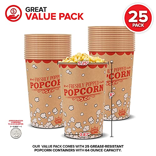 Image of Stock Your Home 64 Oz Kraft Popcorn Buckets (25 Pack) - Grease Resistant Retro Style Popcorn Container- Vintage Kraft & Red Popcorn Buckets for Take Out, Movie Night, Theaters, Fair, Concessions