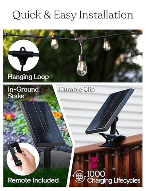 Brightech Ambience Pro ¨C Solar Power Remote Control Outdoor String Lights with Edison Bulbs ¨C Shatterproof, Commercial Grade LED Waterproof Patio Lights ¨C 1W, 3,000K, Hanging, 48 ft