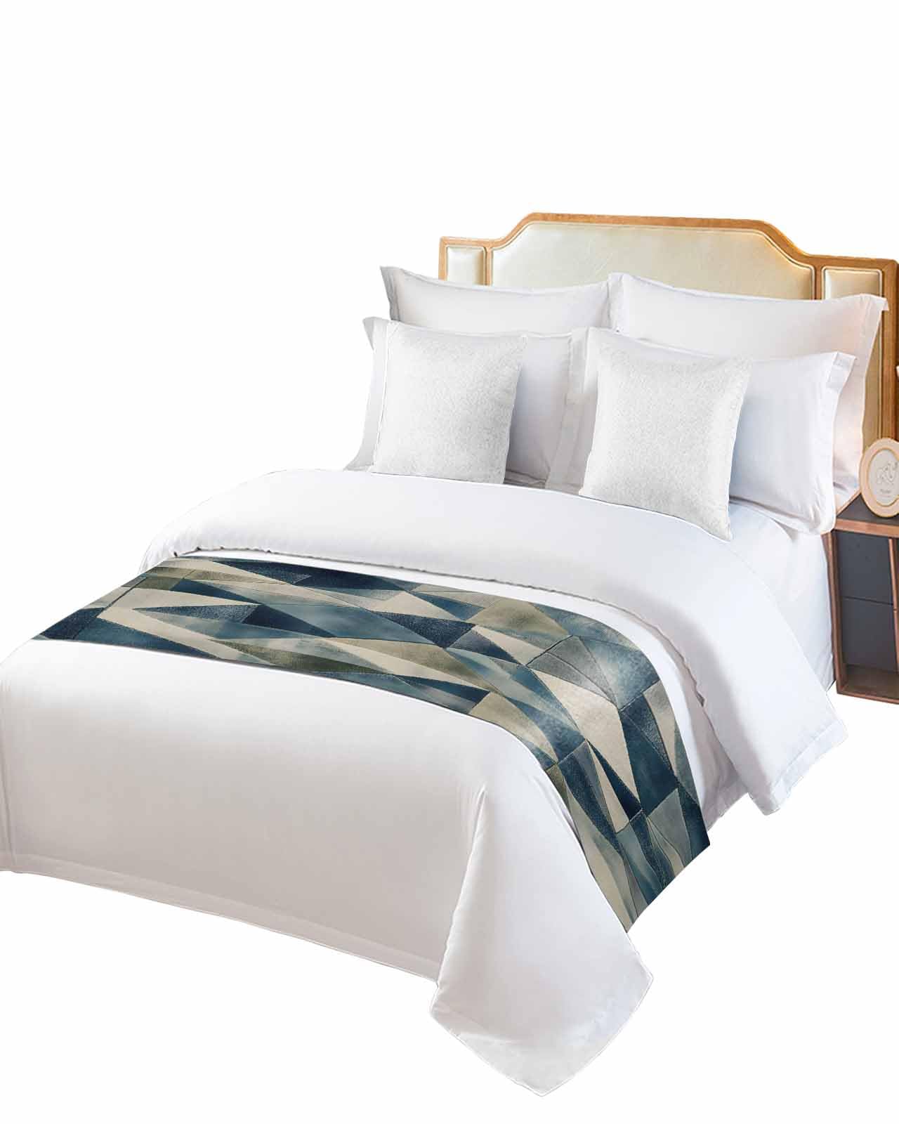 Blue Geometric Bed Runner for Cal. King Size, Rhombus Modern Abstract Art Bedspread Protector Slipcover Bed Scarf for Foot Runners & Scarves for Bedroom Hotel Wedding Room 94x20 Inches