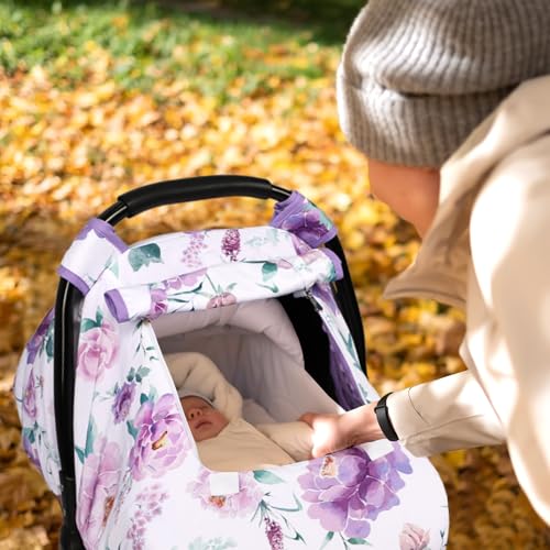 Image of Car Seat Cover Baby, HNHUAMING Infant Car Seat Covers Canopy for Baby Girl Boy, Cozy & Windproof Newborn Carseat Covers Minky Dot Backing Stroller Cover with Breathable Mesh Window, Purple Flower