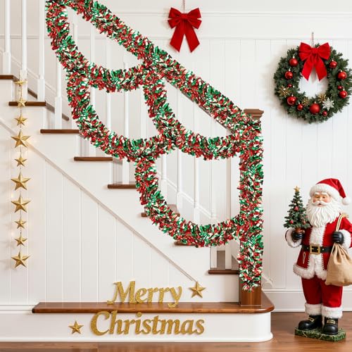 Image of 50FT Christmas Tinsel Garland, Red Green Metallic Twist Shiny Hanging Garland Ornaments for Christmas Tree, Party Supplies Thick Metallic Xmas Streamers