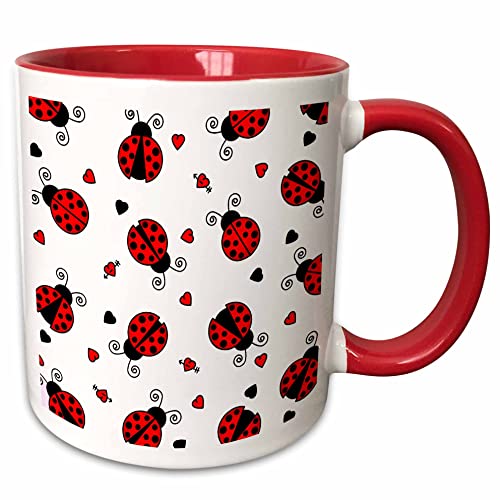 3dRose Love Bugs Red Ladybug Print with Hearts 11oz Two-Tone Red Mug