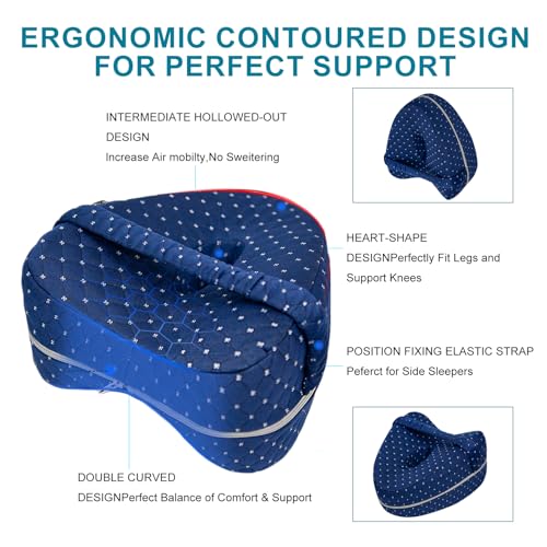 Alignment Pillows for Side Sleepers, Knee Pillow for Side Sleepers with Adjustable Strap | Relieves Pain in HIPS, Knees, Joints | Memory Foam Ergonomic Support Cushion (Grid Blue)