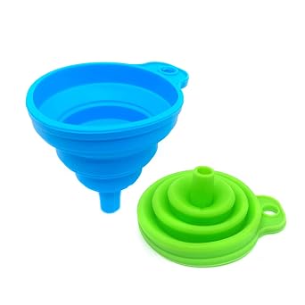 Medsuo 2pcs Portable Collapsible Funnels Silicone Kitchen Gadgets Accessories Foldable Hopper Funnel for Oil Water Powders Liquid Filling Bottles or Containers Blue and Green