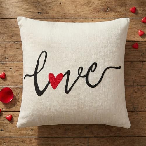 Image of Encasa XO Embroidered Chenille Cushion Cover of Size 40x40 cm Love - Natural | Soft Decorative Throw Pillow Cover for Sofa & Bed | Romantic Valentine Day Gift for Girlfriend, Wife, Husband, Boyfriend