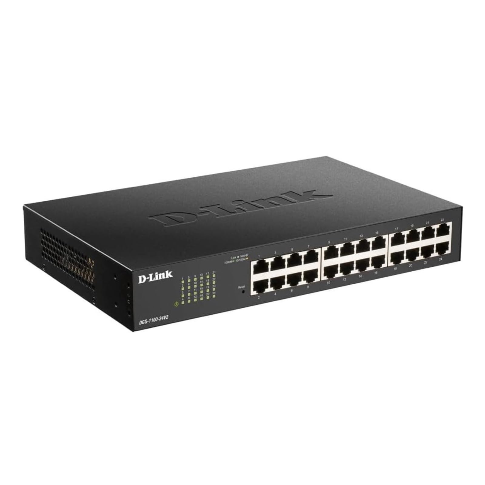 D-Link DGS-1100-24V2, Switch Smart 24 puertos Gigabit, RJ-45, Gestión web, Layer 2, VLAN, sobremesa, sin ventilador, IGMP Snooping, VoIP VLAN, QoS, Seguridad red, montaje rack; sin ventilador, Green